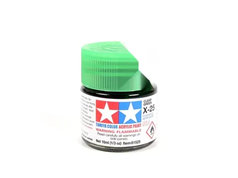Skleněná lahvička akrylové barvy Tamiya Acrylic Mini X-25 Clear Green transparentní zelená 10 ml