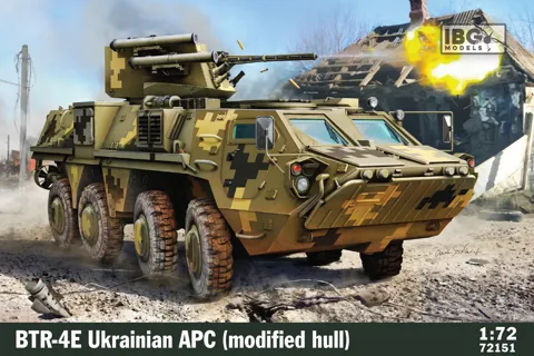 Krabice plastikové stavebnice IBG Models 72151 BTR-4E ukrajinský obrněný transportér v měřítku 1/72