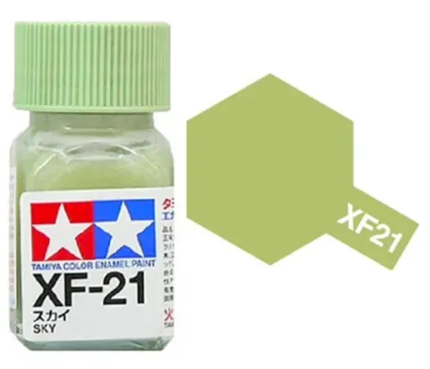 Skleněná lahvička emailové barvy Tamiya Enamel 80321 XF-21 nebeská (Sky), matná, 10 ml
