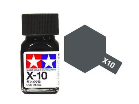Skleněná lahvička emailové barvy Tamiya Enamel 80010 X-10 Gun Metal kovová šedá 10 ml