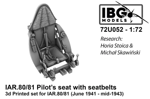 3D tištěná pilotní sedačka s bezpečnostními pásy IBG Models 72U052 pro IAR.80/81 v měřítku 1/72