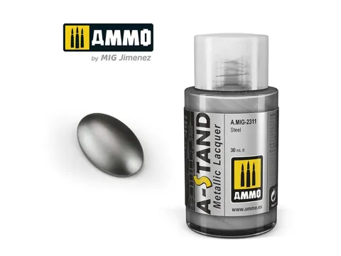 Lahvička lakové barvy AMMO Mig A-STAND A.MIG-2311 ocelová Steel 30 ml