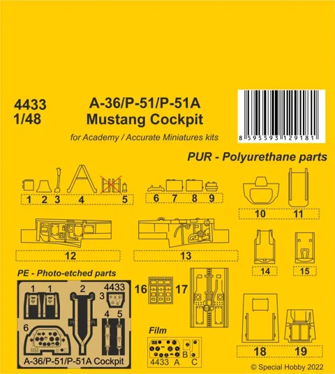 Resinový kokpit CMK 4433 v měřítku 1/48 pro Mustang A-36/P-51/P-51A s fotolepty