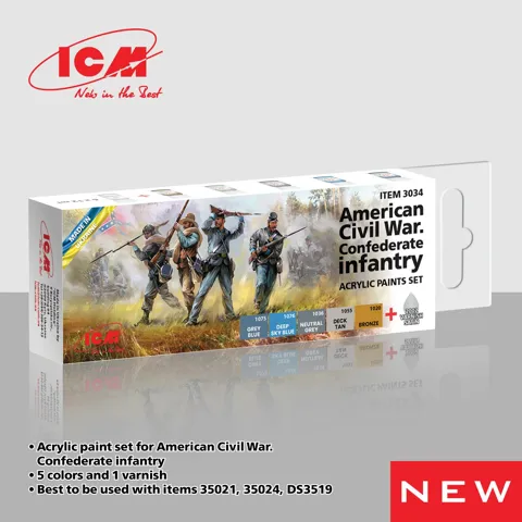 Sada akrylových barev ICM 3034 Confederate infantry, 6 lahviček po 12 ml