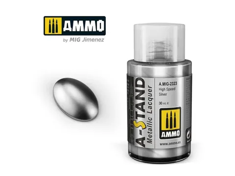 Lahvička metalické lakové barvy AMMO Mig A-STAND A.MIG-2323 High Speed Silver 30 ml