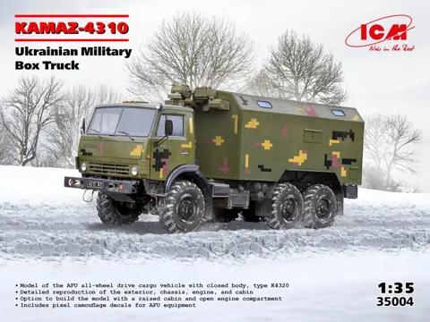 Krabice plastikové stavebnice ICM 35004 KAMAZ-4310 Ukrainian Military Box Truck v měřítku 1/35