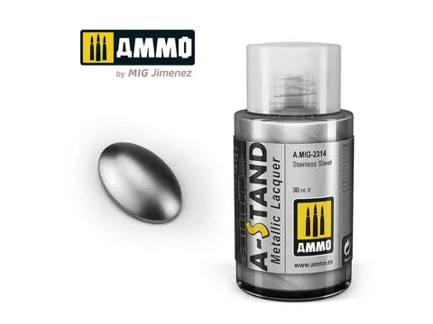 Lahvička metalické lakové barvy AMMO Mig A-STAND A.MIG-2314 nerezová ocel 30 ml