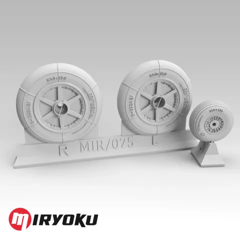 Miryoku MIR-075 3D tištěná kola Bf 109 E/F/G-2 1/32 s hladkými pneumatikami 650×150 a maskami