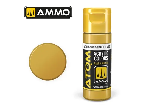 Lahvička akrylové barvy AMMO Mig ATOM 20024 písková žlutá Sandgelb RLM79, 20 ml