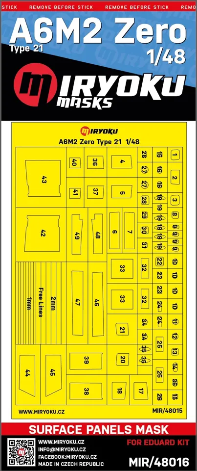 Lakovací masky Miryoku MIR-48016 povrchových panelů A6M2 Zero Type 21 v měřítku 1/48