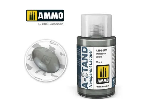 Lahvička lakové barvy AMMO Mig A-STAND A.MIG-2405 transparentní kouřová (Transparent Smoke) 30 ml