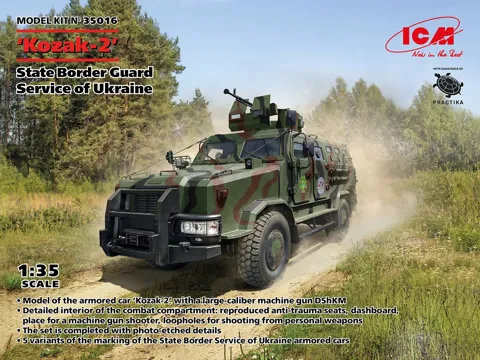 Krabice plastikové stavebnice ICM 35016 Kozak-2 v měřítku 1/35, obrněné vozidlo pohraniční služby Ukrajiny