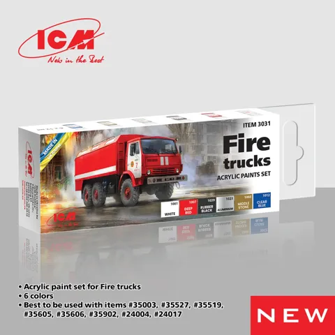 Sada akrylových barev ICM 3031 Fire trucks, 6 lahviček po 12 ml