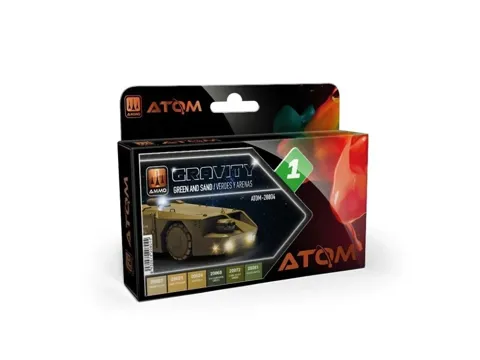 Sada šesti akrylových barev AMMO Mig ATOM Gravity Set 1 Green and Sand, lahvičky 20 ml