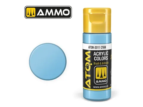 Lahvička akrylové barvy AMMO Mig ATOM Color 20111 azurová (Cyan) 20 ml