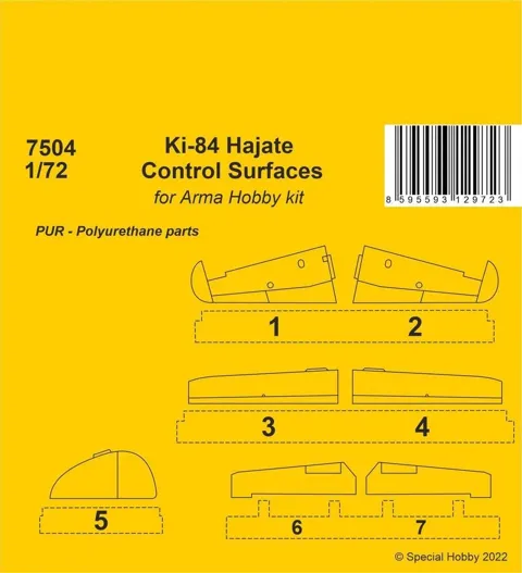 Resinová sada CMK 7504 – ovládací plochy 1/72 pro Nakajima Ki-84 Hayate (Arma Hobby)
