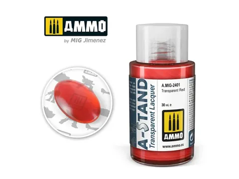 Lahvička lakové barvy AMMO Mig A-STAND A.MIG-2401 transparentní červená 30 ml