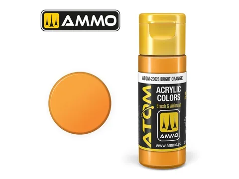 Lahvička akrylové barvy AMMO Mig ATOM COLOR 20026 jasně oranžová Bright Orange 20 ml