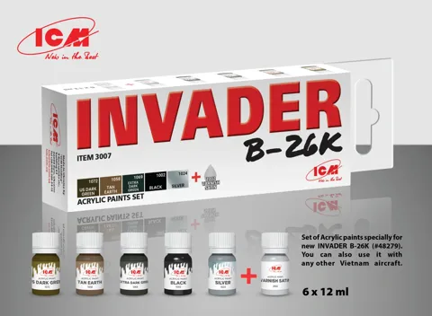 Sada akrylových barev ICM 3007 pro B-26K Invader, šest lahviček po 12 ml