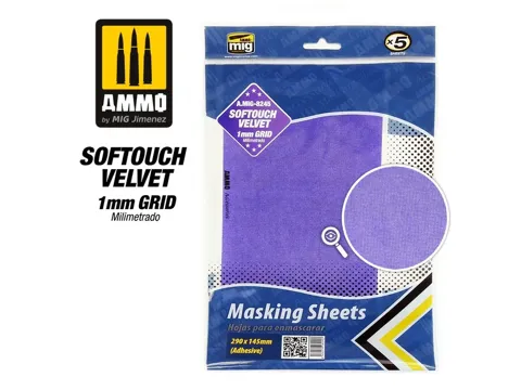 Balení samolepicích maskovacích archů AMMO Mig 8245 Softouch Velvet s mřížkou 1 mm, 5 kusů