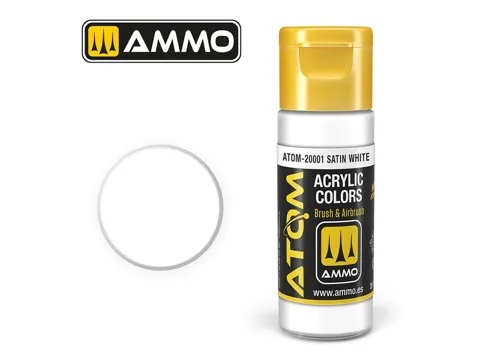 Lahvička akrylové barvy AMMO Mig ATOM COLOR 20001 bílá saténová 20 ml