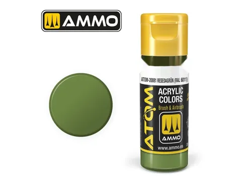 Lahvička akrylové barvy AMMO Mig ATOM COLOR rezedová zelená RAL 6011, 20 ml