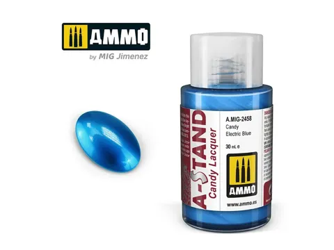 Lahvička lakové barvy AMMO Mig A-STAND Candy Electric Blue 30 ml pro airbrush