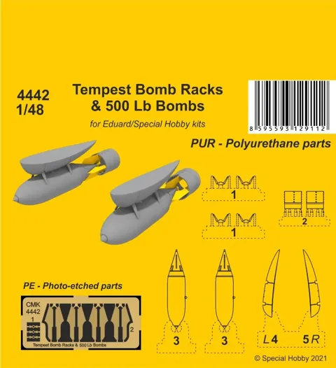 Resinová sada CMK 4442 závěsníky bomb a 500lb bomby pro Tempest v měřítku 1/48