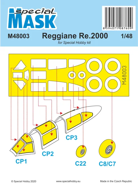 Maskovací sada Special Hobby M48003 pro Reggiane Re 2000 v měřítku 1/48 s obtiskem přístrojové desky