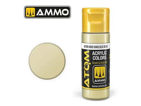 Lahvička akrylové barvy AMMO Mig ATOM COLOR 20005 tmavě žlutá Dunkelgelb DG III, 20 ml