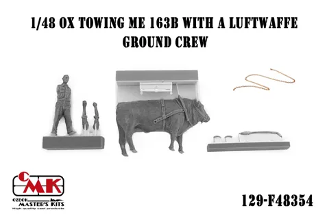 Resinová sada CMK F48354 1/48 – vůl táhnoucí Me 163B s pozemním personálem Luftwaffe