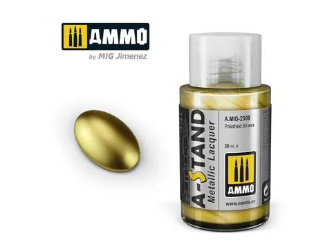 Lahvička lakové barvy AMMO Mig A-STAND A.MIG-2308 leštěná mosaz (Polished Brass) 30 ml