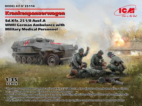 Krabice stavebnice ICM 35114 Sd.Kfz.251/8 Ausf.A Krankenpanzerwagen v měřítku 1/35