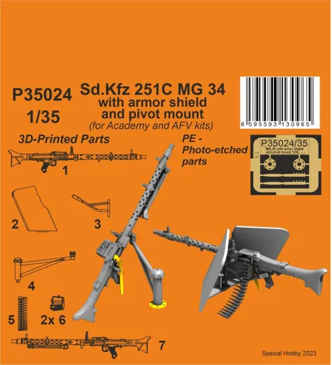 3D tištěné resinové díly CMK P35024 – kulomet MG 34 se štítem a lafetou pro Sd.Kfz 251/C, měřítko 1/35