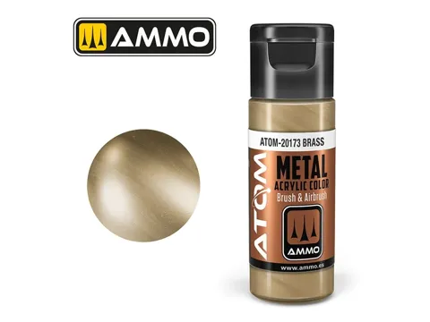Lahvička akrylové barvy AMMO Mig ATOM METALLIC 20173 mosaz (Brass) 20 ml