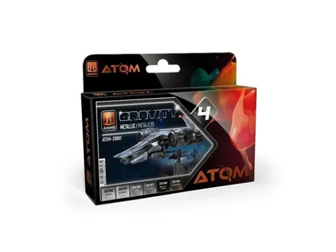 Sada barev AMMO Mig ATOM Gravity Set 4 Metallic – šest lahviček metalických odstínů po 20 ml