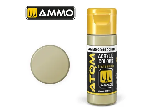 Lahvička akrylové barvy AMMO Mig ATOM COLOR 20014 okrová (Ochre) 20 ml