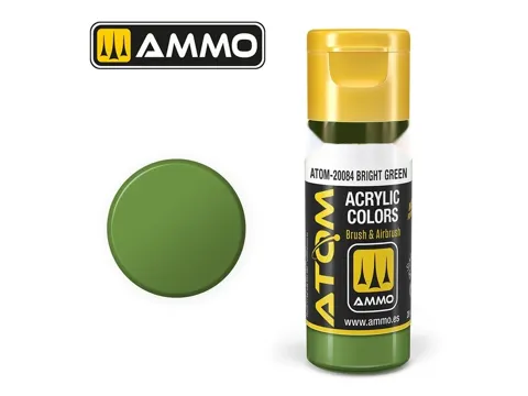 Lahvička akrylové barvy AMMO Mig ATOM Color ATOM-20084 svítivě zelená Bright Green 20 ml