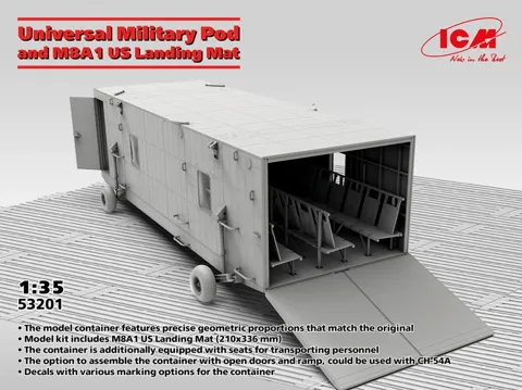 Krabice stavebnice ICM 53201 Universal Military Pod s přistávací rohoží M8A1 v měřítku 1/35