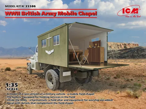Krabice plastikové stavebnice ICM 35586 mobilní kaple britské armády v měřítku 1/35