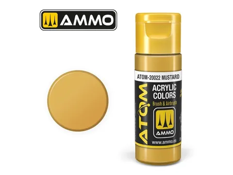 Lahvička akrylové barvy AMMO Mig ATOM COLOR ATOM-20022 hořčicová Mustard 20 ml