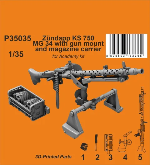 Resinové 3D tištěné díly CMK P35035 – kulomet MG 34 s lafetou pro Zündapp KS 750 v měřítku 1/35