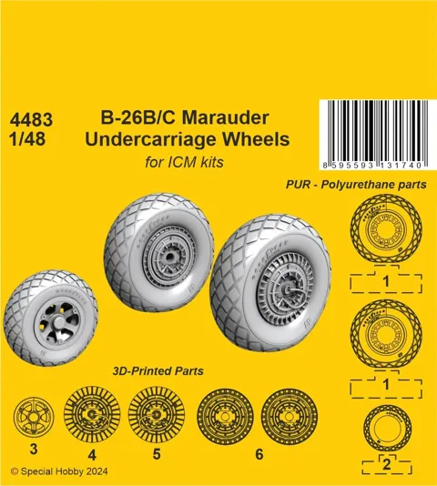 Resinová kola podvozku CMK 4483 pro B-26B/C Marauder v měřítku 1/48