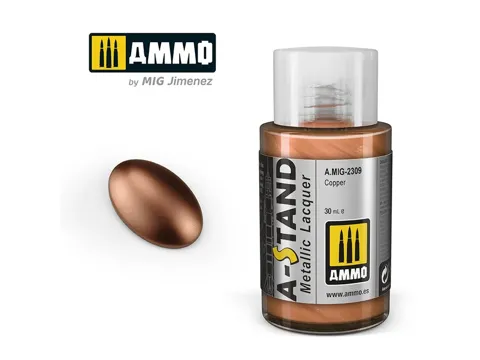 Lahvička lakové metalické barvy AMMO Mig A-STAND A.MIG-2309 měděná Copper 30 ml