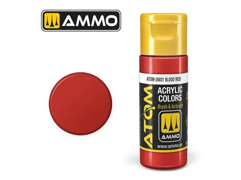 Lahvička akrylové barvy AMMO Mig ATOM Color ATOM-20031 krvavě červená Blood Red 20 ml