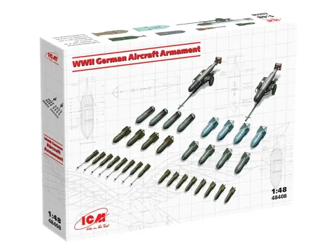 Plastiková stavebnice ICM 48408 výzbroj německých letadel 1/48 — bomby, nosiče a torpéda Luftwaffe