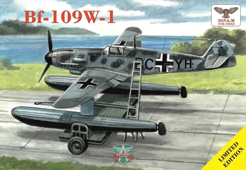 Krabice plastikové stavebnice Sova-M SVM-72032 Messerschmitt Bf.109W-1 s plážovým vozíkem v měřítku 1/72