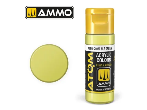 Lahvička akrylové barvy AMMO Mig ATOM Color 20087 žlučová zelená (Bile Green) 20 ml
