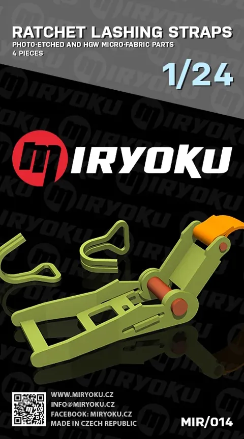 Miryoku MIR-014 ráčnové upínací popruhy 1/24 — fotoleptané díly a mikrotextilní pásky, 4 ks