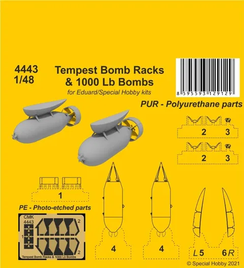 Resinová sada CMK 4443 závěsníky bomb a bomby 1000 lb pro Tempest v měřítku 1/48